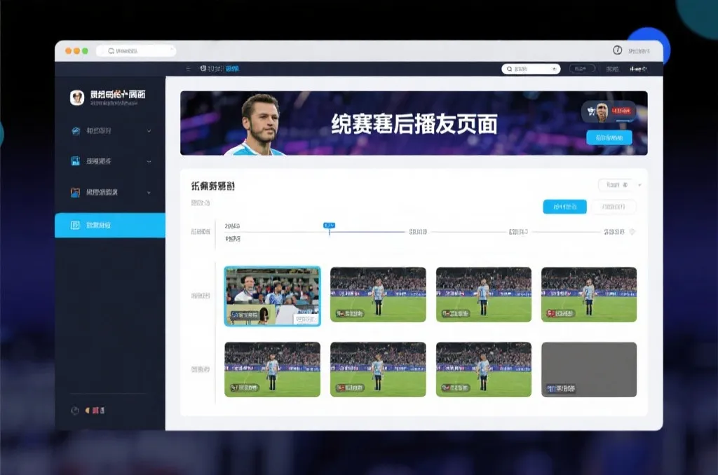 比赛结束后，电视屏幕展示集锦回放页面，旁边有时间轴和多角度切换提示